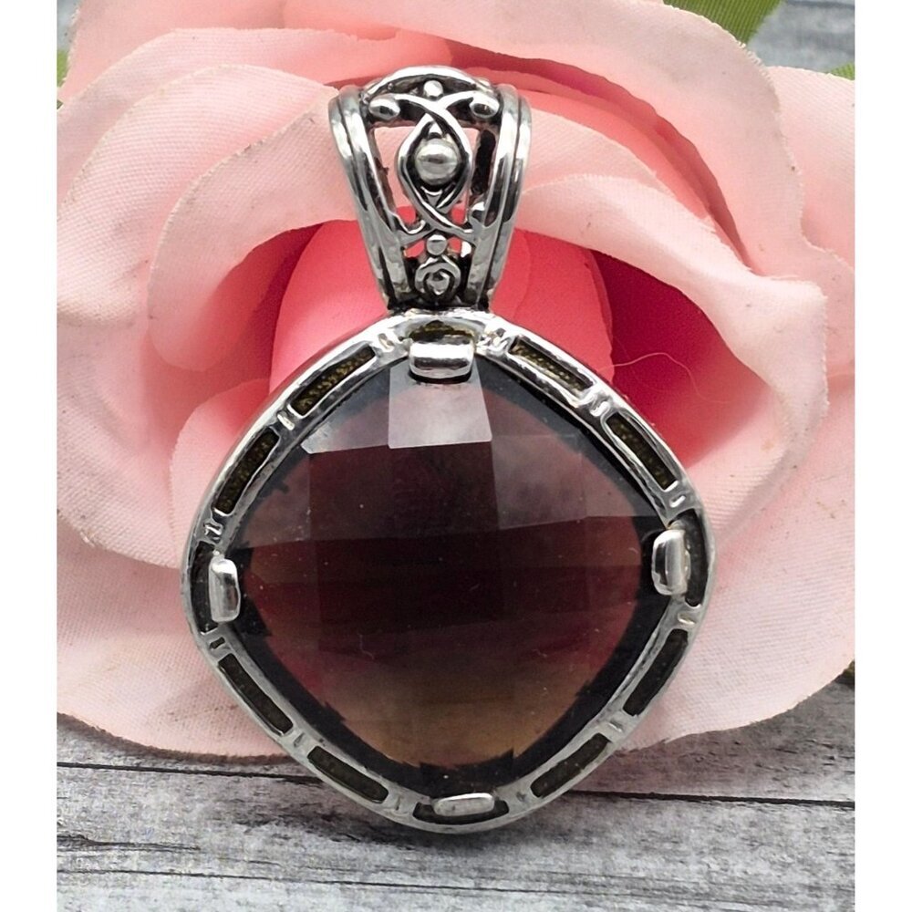 Large Silver Tone 2" Pendant Smoky Quartz Brown Crystal Whimsigoth Statement